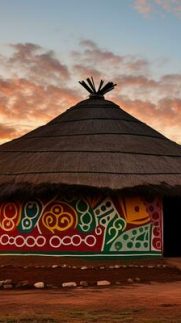 ai-generated-in-the-serene-evening-sun-a-magnificent-colorful-traditional-ethnic-african-round-hut-of-the-ndbele-tribe-in-a-community-in-south-africa-photo ai-generated-in-the-serene-evening-sun-a-magnificent-colorful-traditional-ethnic-african-round-hut-of-the-ndbele-tribe-in-a-community-in-south-africa-photo